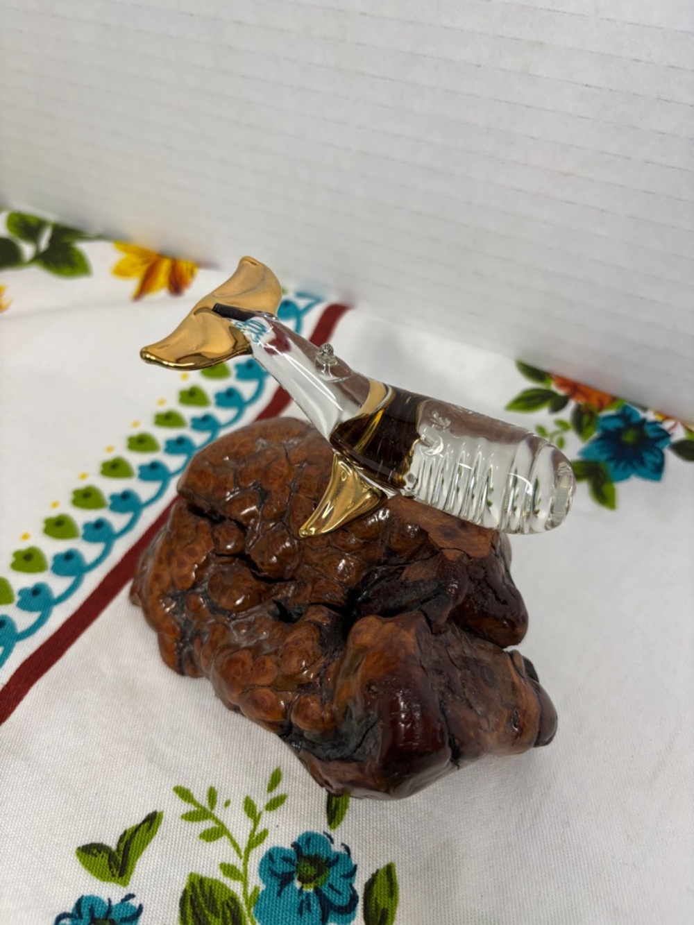 Clear Glass Whale Figurine with Gold Accents on Wood Base Orca Statue